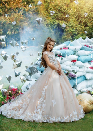 Ivory Champagne Butterfly Pearl Buttons Back Fairytale Flower Girl Dress